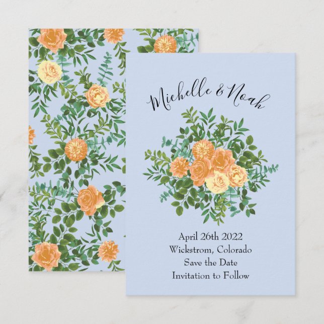 Peach Light Blue Wedding Rose Blues Einladung (Vorne/Hinten)