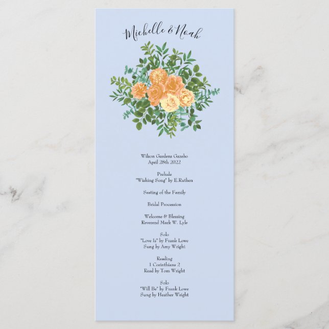 Peach Light Blue Wedding Rose Blues Menükarte (Vorderseite)