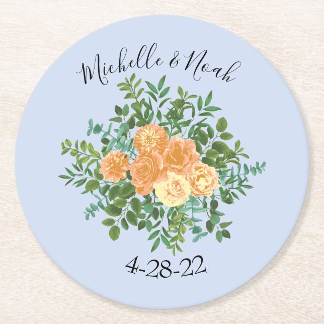 Peach Light Blue Wedding Rose Blues Runder Pappuntersetzer (Vorderseite)