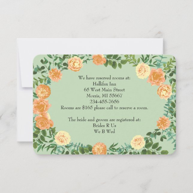 Peach Light Green Peer Rose Blumeninformationen Einladung (Vorderseite)