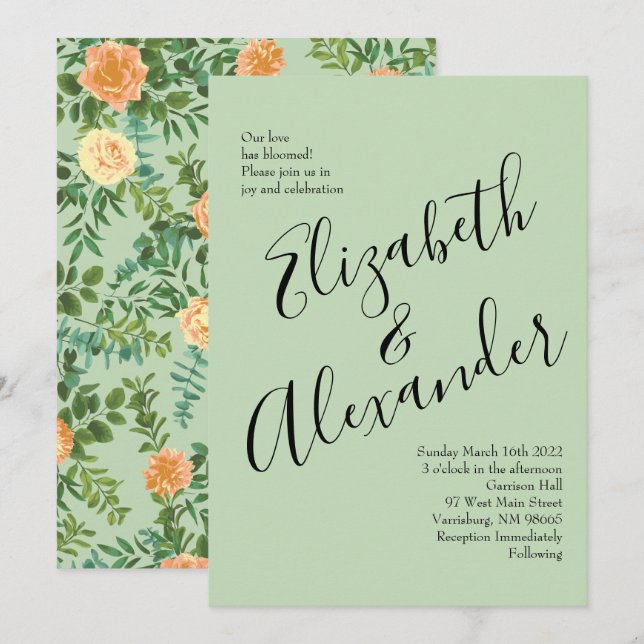 Peach & Light Green Peony & Rose Blumenhochzeit Einladung (Vorne/Hinten)