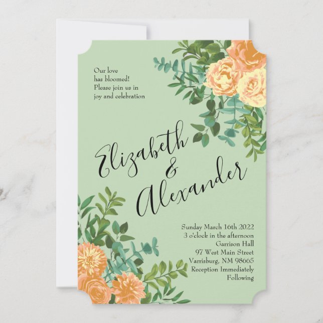 Peach & Light Green Peony & Rose Blumenhochzeit Einladung (Vorderseite)