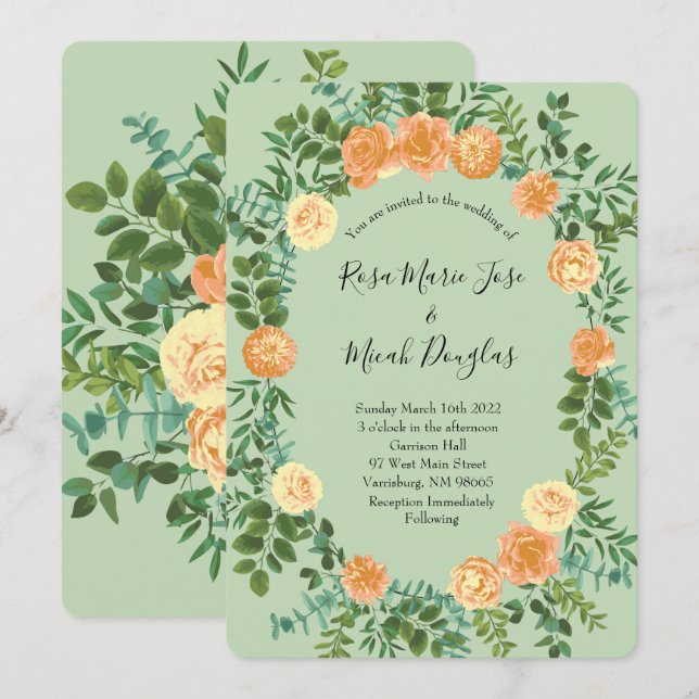 Peach & Light Green Peony & Rose Blumenhochzeit Einladung (Vorne/Hinten)