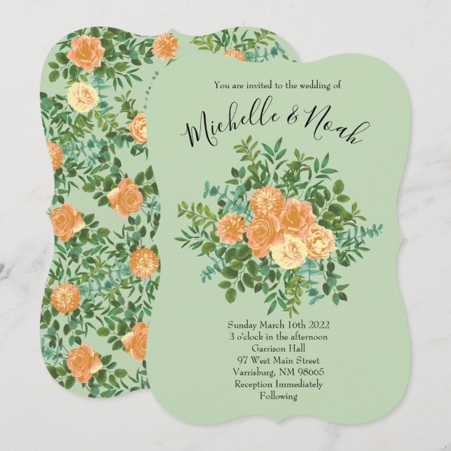 Peach & Light Green Peony & Rose Blumenhochzeit Einladung (Vorne/Hinten)