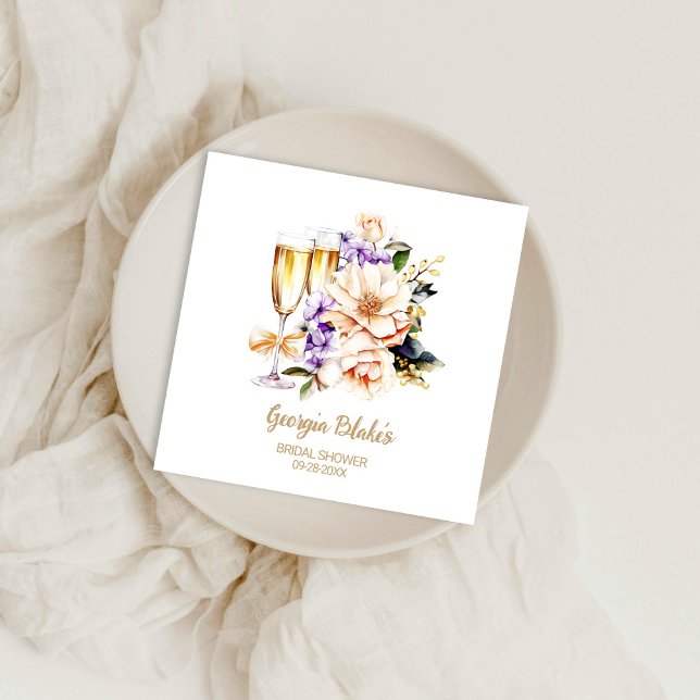 Peach Lila Floral Champagne Glass Brautparty Serviette (Von Creator hochgeladen)