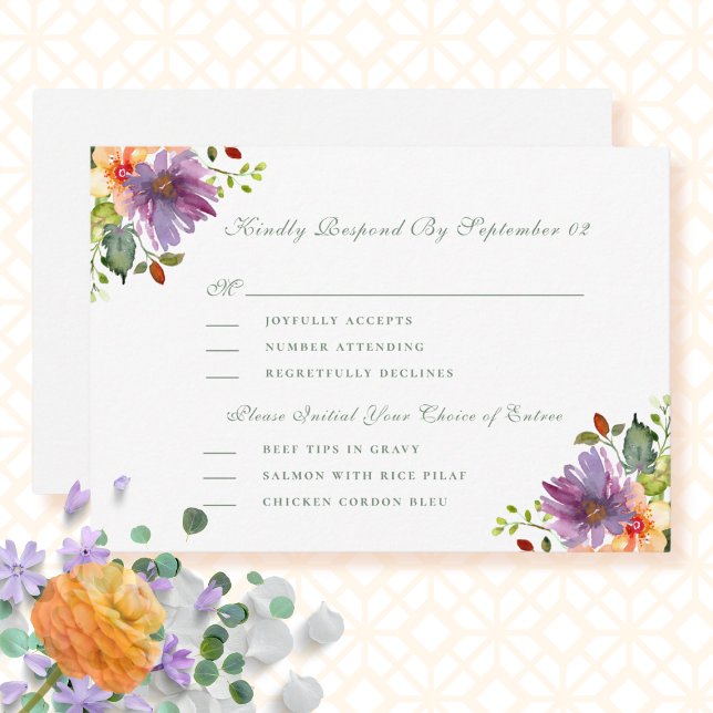 Peach Lila Floral Menu Selection Wedding RSVP (Von Creator hochgeladen)