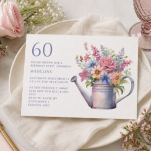 Peach Lila Floral Watering kann 60. Geburtstag Einladung