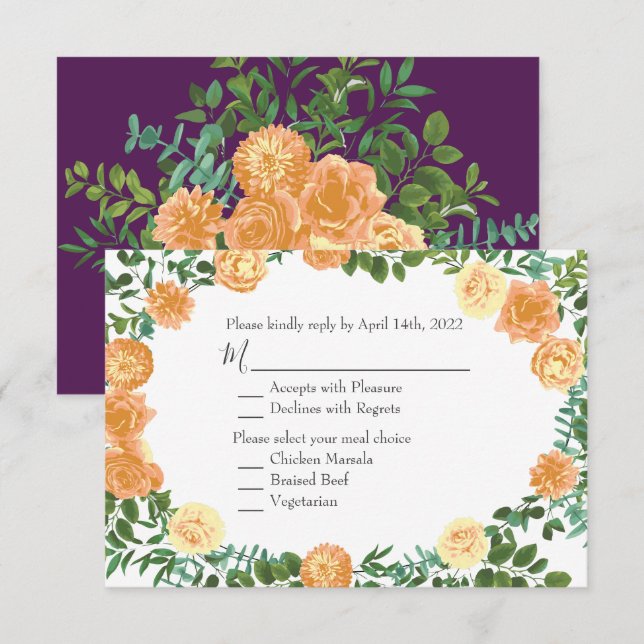 Peach Lila Hochzeitflorale Rose Einladung (Vorne/Hinten)