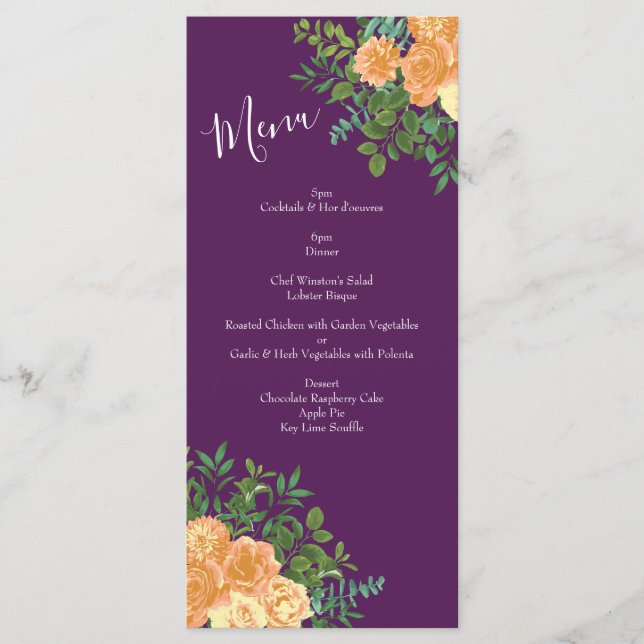 Peach Lila Hochzeitflorale Rose Menükarte (Vorderseite)
