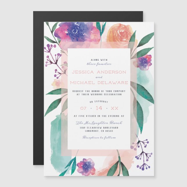 Peach & Lila Wasserfarbenblüten Blütenhochzeit Magneteinladung (Vorne/Hinten)