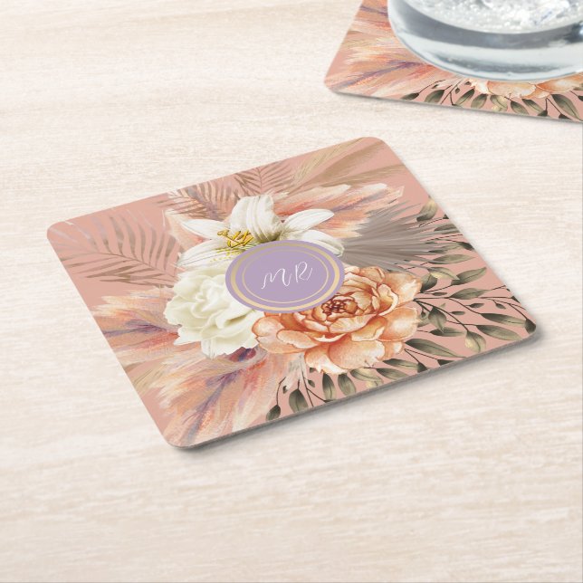 Peach Lilac Floral Wedding Rechteckiger Pappuntersetzer (angewinkelt)