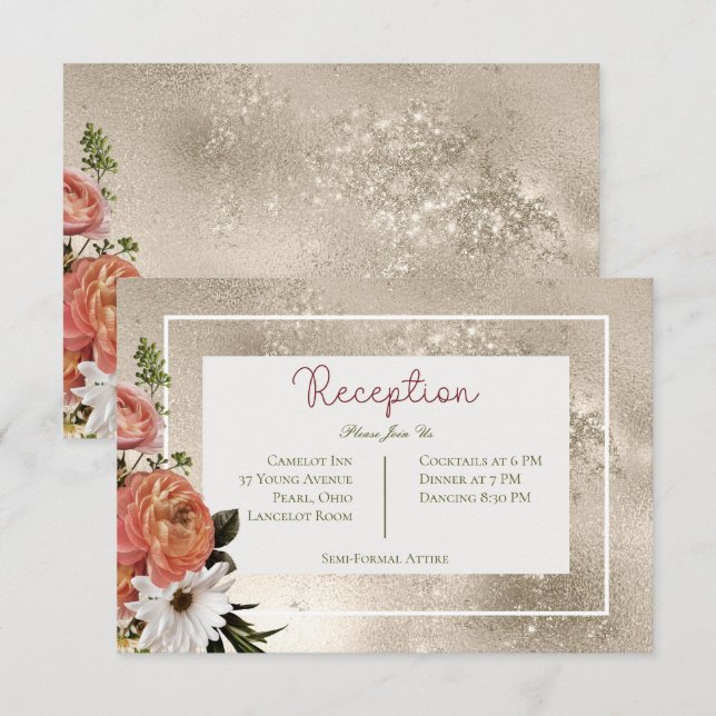 Peach Mimosa Blooms Floral Gold Empfang Begleitkarte (Vorne/Hinten)