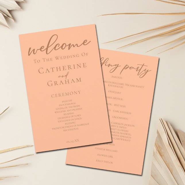 Peach Minimalist Script Programme de mariage d'été (Créateur téléchargé)