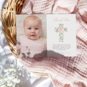 Peach & Mint Floral Cross Taufe Foto Vielen Dank Dankeskarte