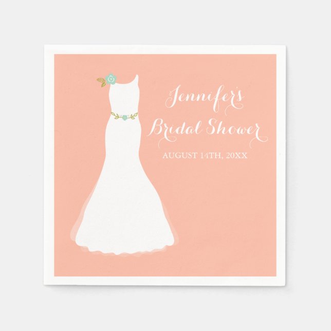 Peach Mint Floral Wedding Gown Brautparty Serviette (Vorderseite)