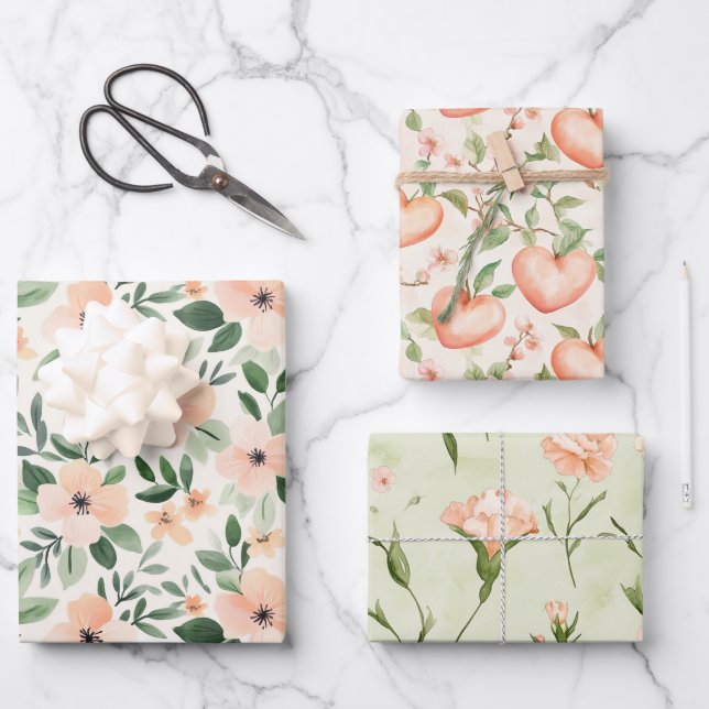 Peach Mint Flowers Hearts Beauty Birthday Geschenkpapier Set (Vorderseite)
