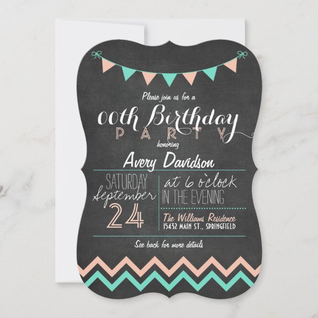 Peach & Mint Green Chalkboard Geburtstagsparty Einladung (Vorderseite)