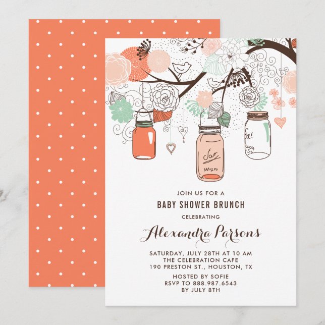 Peach & Mint Mason Jars Floral Baby Duschbrunch Einladung (Vorne/Hinten)