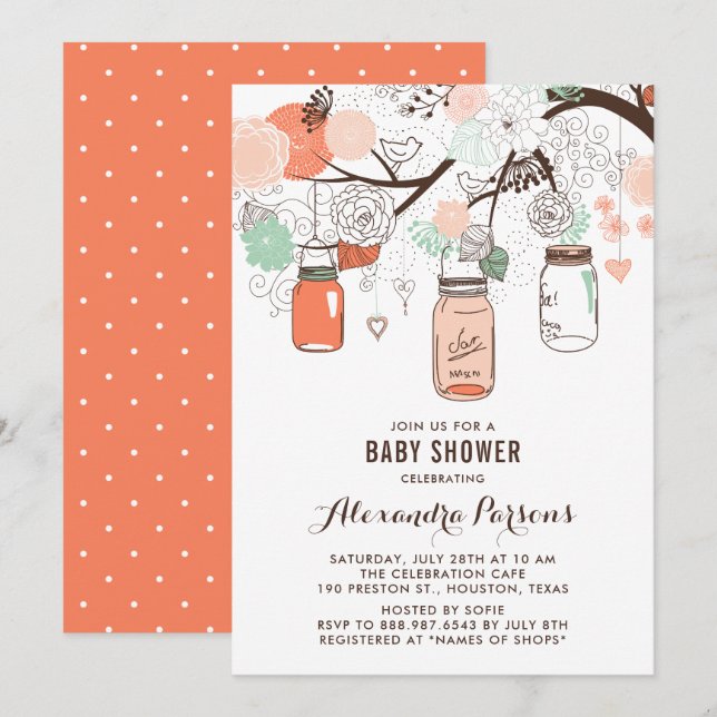 Peach & Mint Mason Jars Floral Baby Dusche einlade Einladung (Vorne/Hinten)