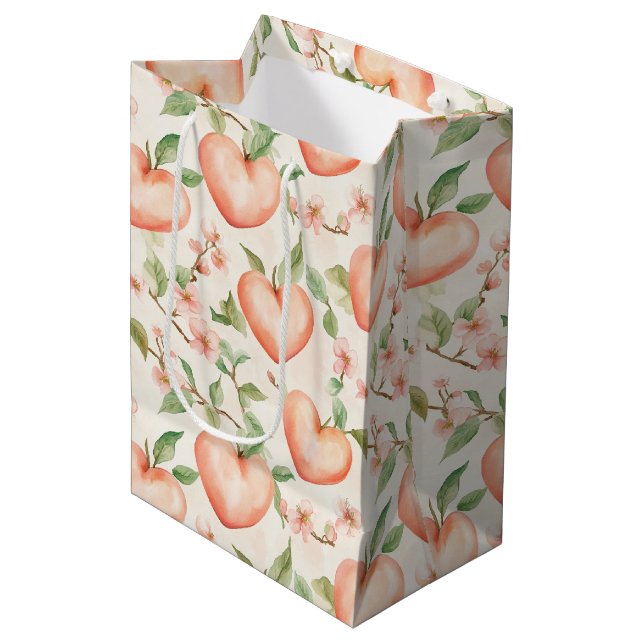 Peach Mint Pretty Hearts Flowers Mittlere Geschenktüte (Vorderseite Schrägansicht)