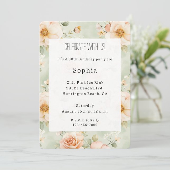 Peach Mint Pretty Rose Floral Birthday Einladung (Stehend Vorderseite)