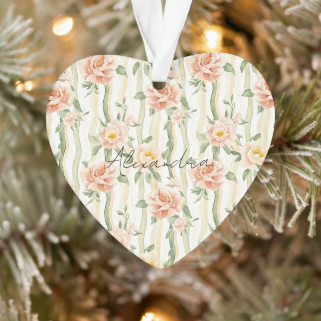 Peach Mint Pretty Roses Floral Stripes Christmas Ornament (Baum)