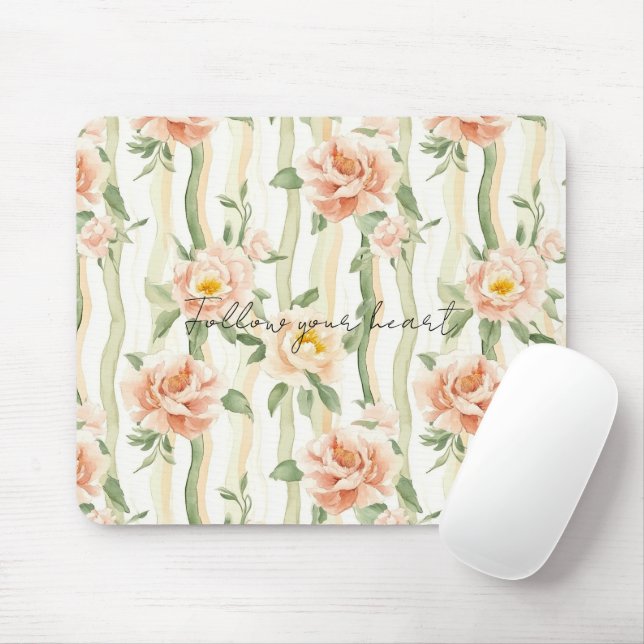 Peach Mint Pretty Roses Floral Stripes Mousepad (Mit Mouse)