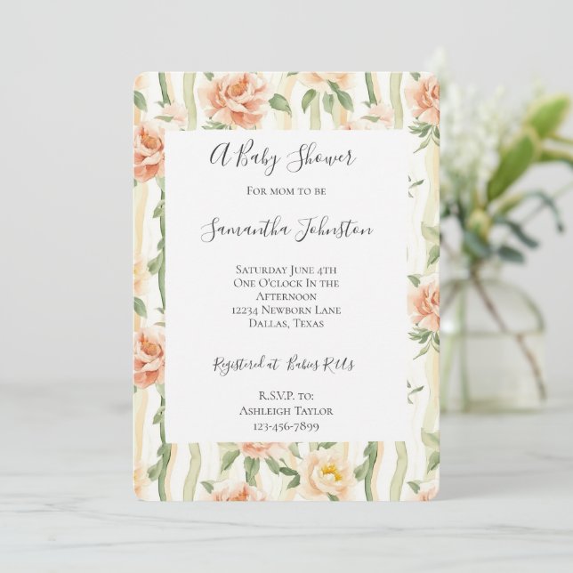 Peach Mint Roses Floral Stripes Baby Shower Einladung (Stehend Vorderseite)