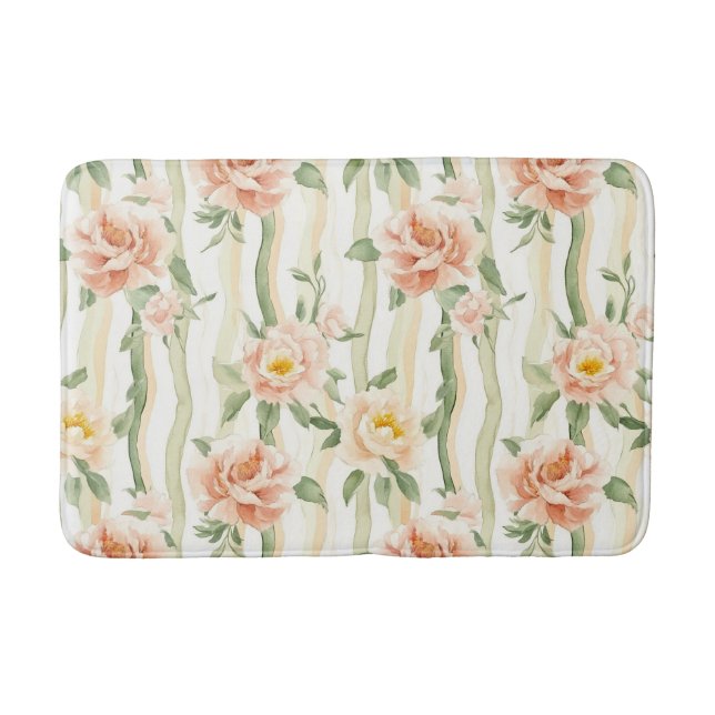 Peach Mint Roses Floral Stripes   Badematte (Vorderseite)