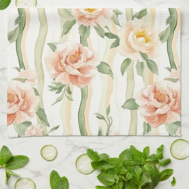Peach Mint Roses Floral Stripes   Geschirrtuch (Gefaltet)