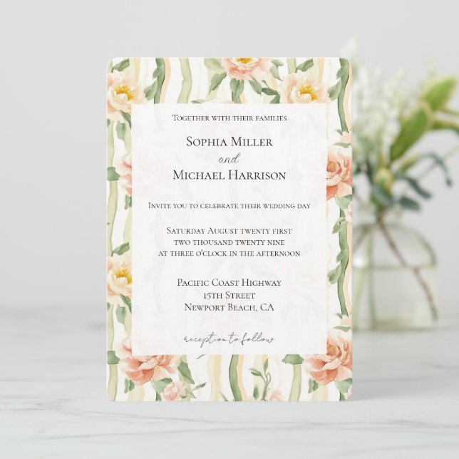 Peach Mint Roses Floral Stripes Wedding Einladung (Stehend Vorderseite)