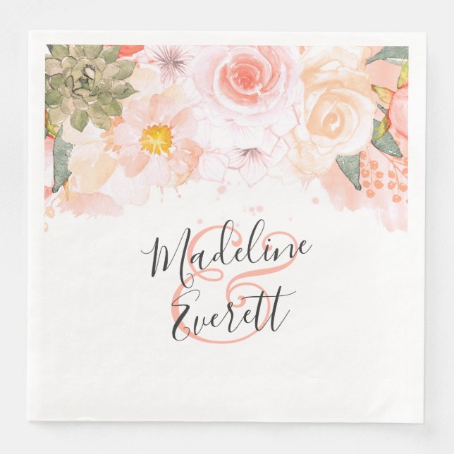 Peach & Mint Succulents Floral Monogram Wedding Serviette (Vorderseite)