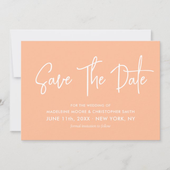 Peach Modern Calligraphy Scannable QR Code Wedding Save The Date (Vorderseite)