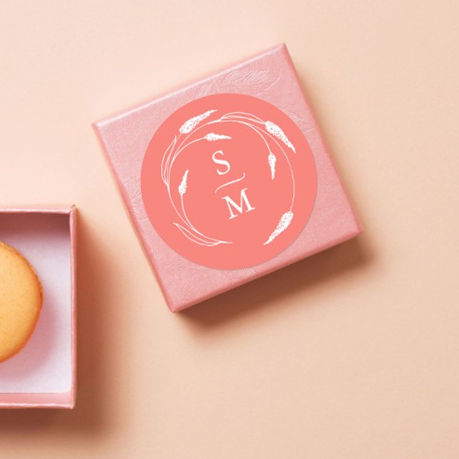 Peach Monogram Wedding Stickers (Peach monogram wedding favor stickers unique floral line art by Victoria Grigaliunas)