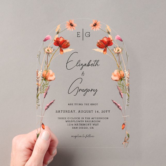 Peach Monogram Wildblume Wedding Acryleinladungen (Insitu (Handheld))