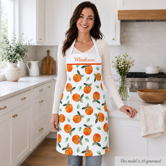 Peach-Muster Schürze (elegant cute whimsical orange peach apron with custom monogram name)