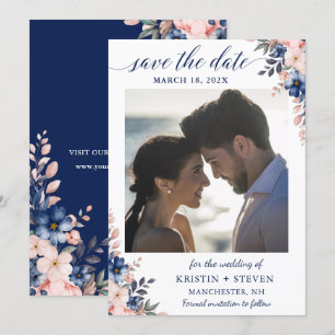 Peach Navy Blue Floral Foto Save the Date Card