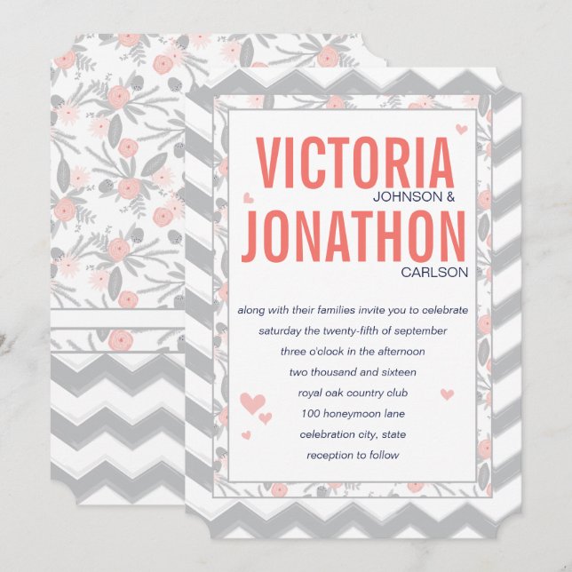 Peach Navy und Gray Zig Zag Typografy Wedding Einladung (Vorne/Hinten)