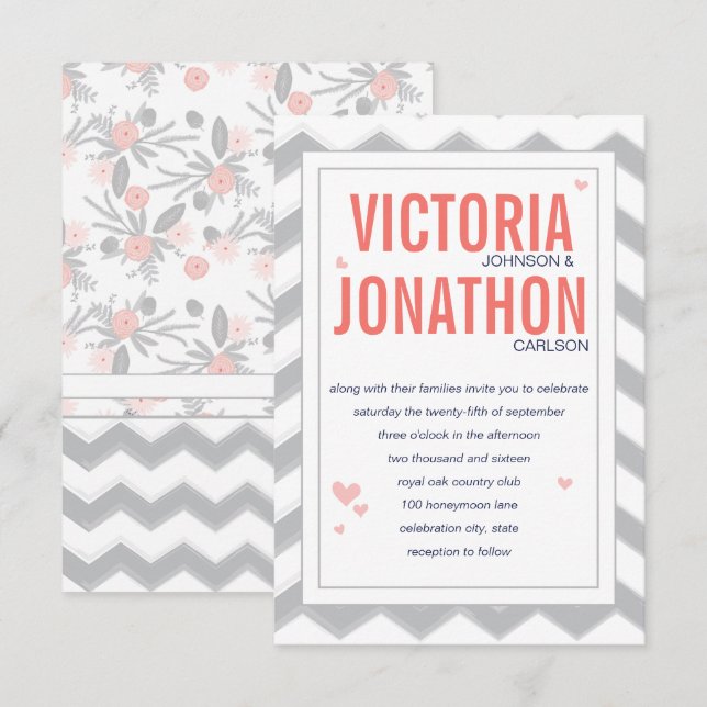 Peach Navy und Gray Zig Zag Typografy Wedding Einladung (Vorne/Hinten)