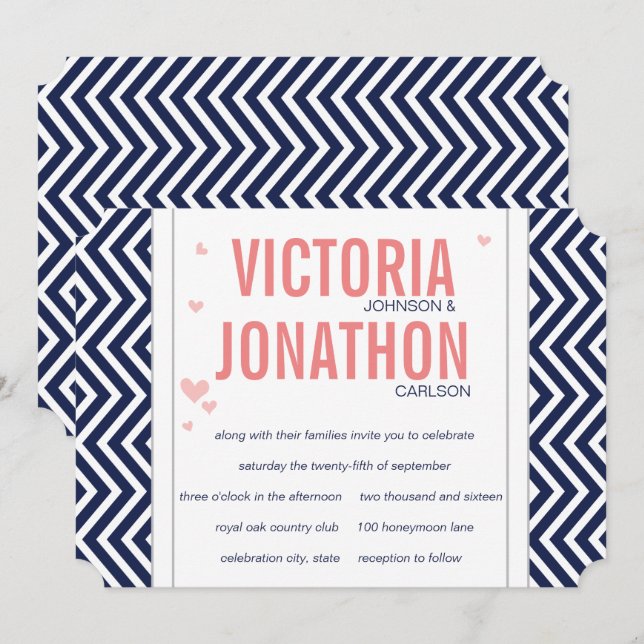 Peach Navy und Gray Zig Zag Typografy Wedding Einladung (Vorne/Hinten)