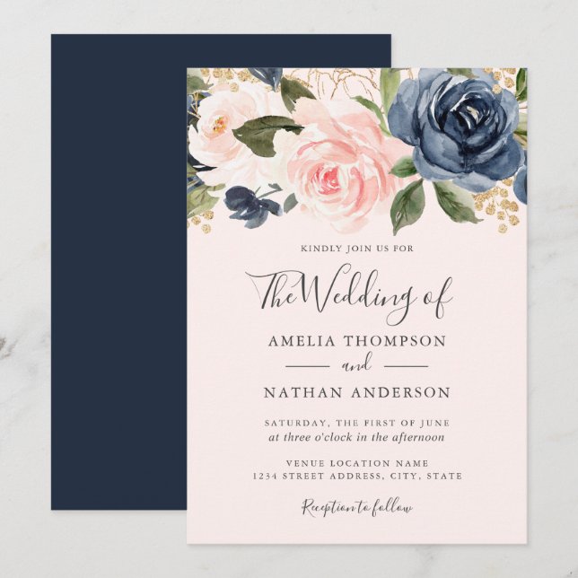 Peach Navy Wassercolor Florals Hochzeit Einladung (Vorne/Hinten)