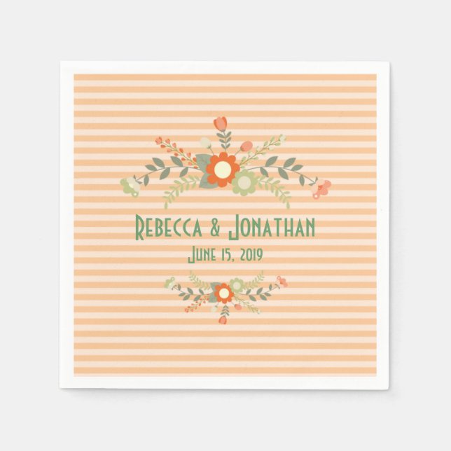 Peach & Olive Green Floral Wedding Personalisiert Serviette (Vorderseite)