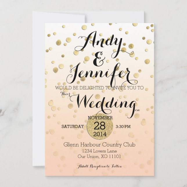 Peach Ombré & Gold Confetti für eine Hochzeit Einladung (Vorderseite)