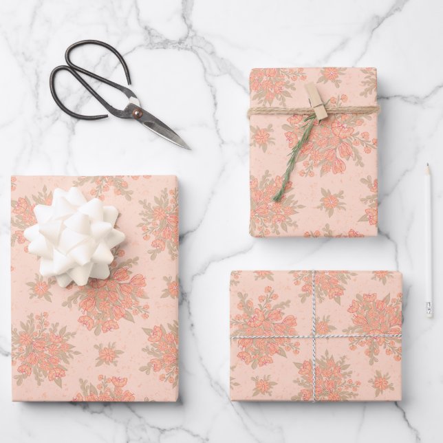 Peach Orange Blume Bloral Geschenkpapier Set (Vorderseite)