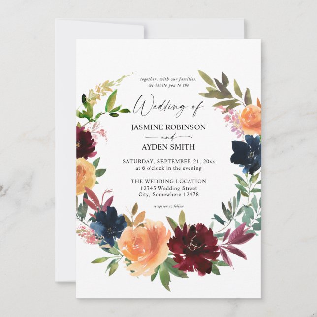Peach Orange, Burgund & Navy Fall Floral Wedding Einladung (Vorderseite)