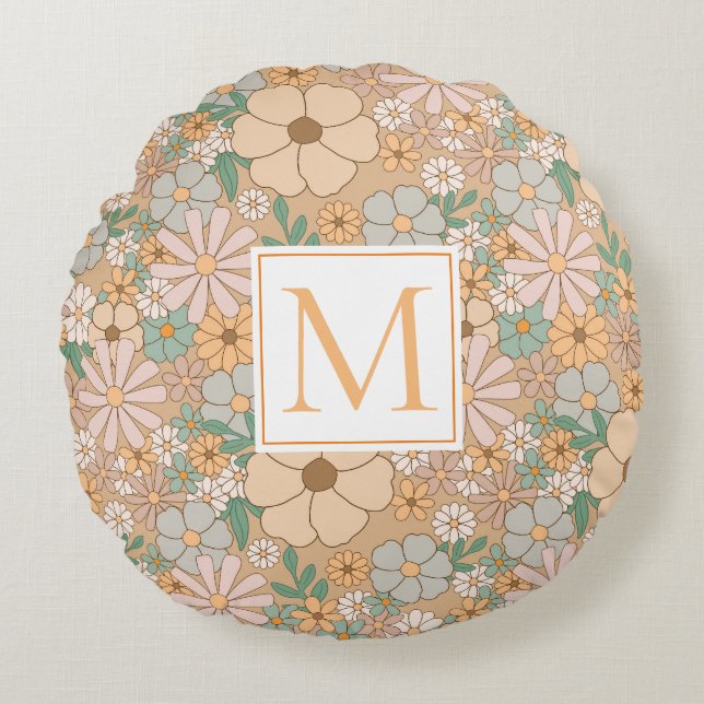 Peach Orange Floral | Monogram persnalize Rundes Kissen (Vorderseite)