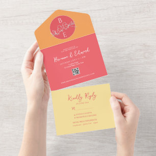 Peach Orange Monogram Wedding All In One Einladung