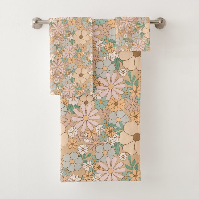 Peach Orange Pink Grau Floral Badhandtuch Set (Insitu)
