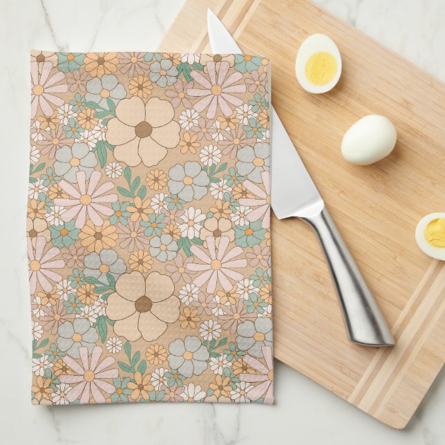 Peach Orange Pink Grau Floral Geschirrtuch (Viertel Falte)