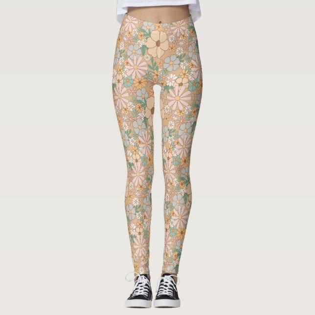 Peach Orange Pink Grau Floral Leggings (Vorderseite)